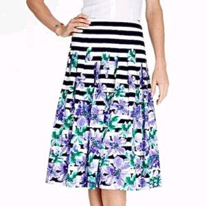 Talbots Womens Pleated Midi Skirt Black & White Stripes Purple Floral Size 8 Cot